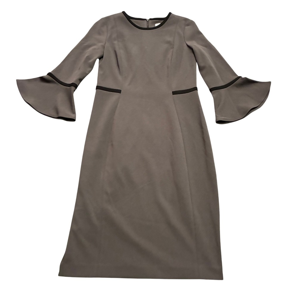 Calvin Klein Dress Women's Sz.4 Gray, Black Pleated Bell-Sleeve Midi Office Wear